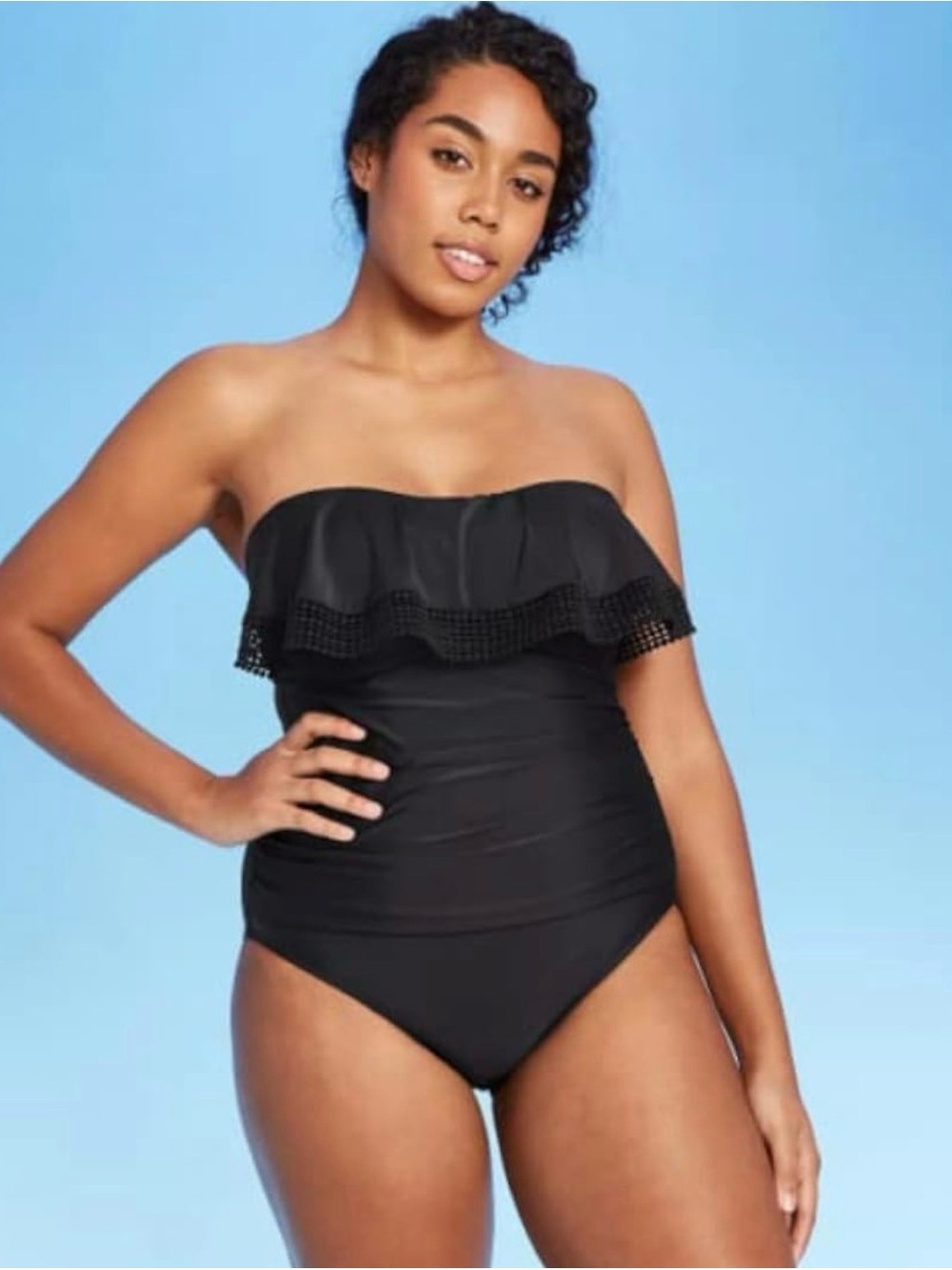Kona Sol Black Strapless Ruffle One-Piece Swimsuit